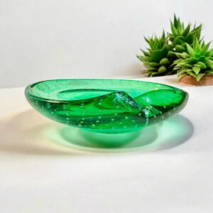 💚Murano Emerald Green Sommerso Bullicante Glass Bubble Dish / Ashtray